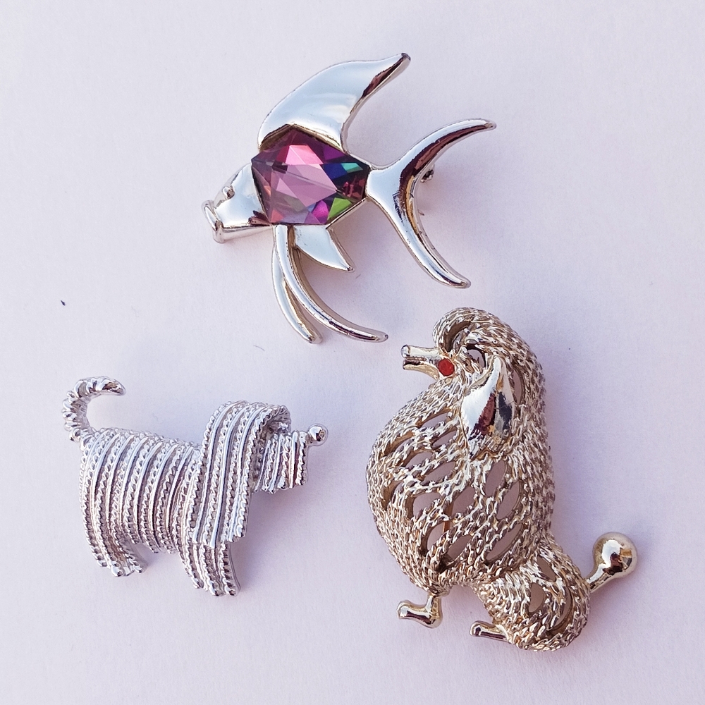 Vintage Coventry Brooches Lot Of 3 Silver Gold Dog Fish Poodle 60s 70s